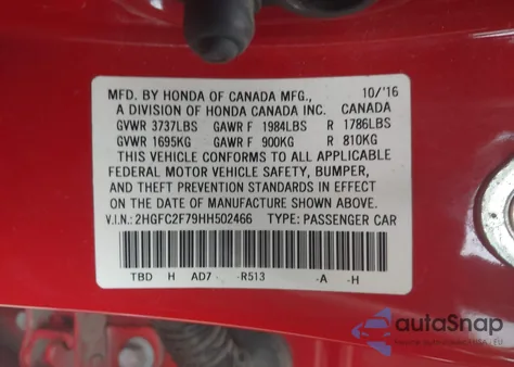 2017 Honda Civic Ex z USA, uszkodzony, nr VIN 2HGFC2F79HH502466